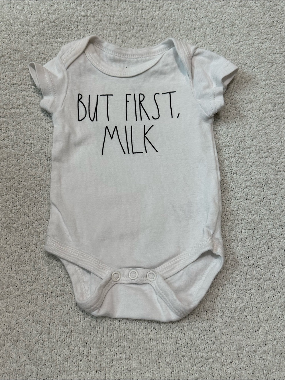 Rae Dunn White Baby One-Piece Bodysuit with Black "BUT FIRST, MILK" Text